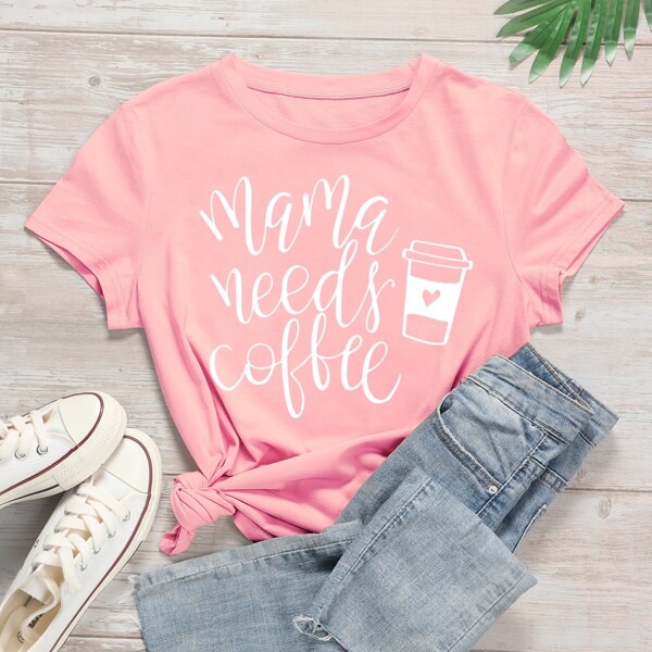 

Slogan And Graphic Print Tee, Pink pastel