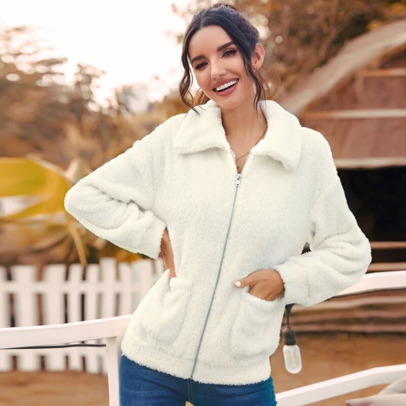 

Solid Zip Up Dual Pocket Teddy Jacket, Beige