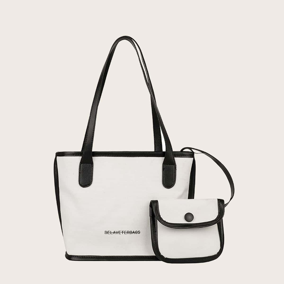 

Letter Graphic Tote Bag With Purse, Black and white