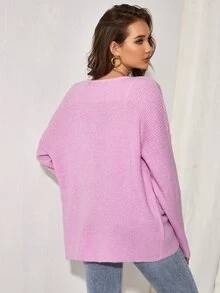 SHEIN Drop Shoulder Button Placket Ribbed Knit Cardigan - Pink - View 2