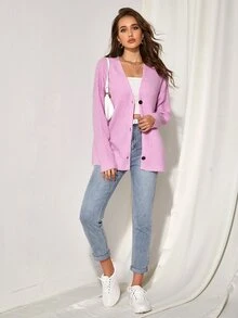 SHEIN Drop Shoulder Button Placket Ribbed Knit Cardigan - Pink - View 3