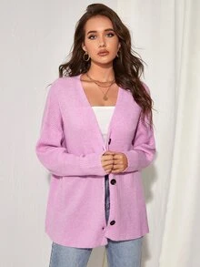 SHEIN Drop Shoulder Button Placket Ribbed Knit Cardigan - Pink - View 4
