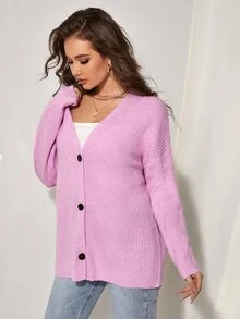 SHEIN Drop Shoulder Button Placket Ribbed Knit Cardigan - Pink - View 5