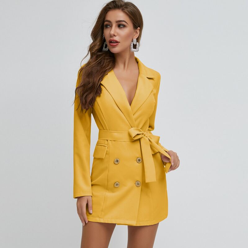 

Double Button Belted Blazer Dress, Mustard yellow