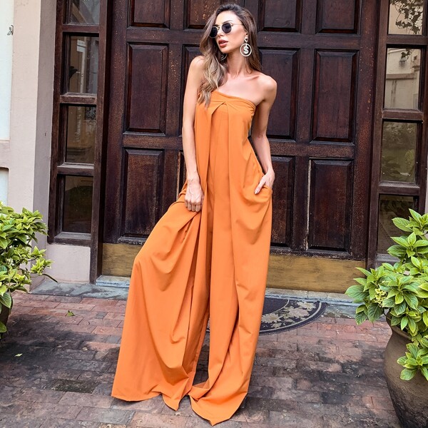 

Fold Pleat Wide Leg Tube Jumpsuit, Orange
