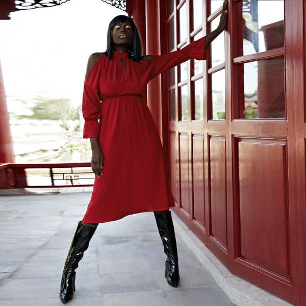 

Solid Cold Shoulder Peekaboo Dress, Red