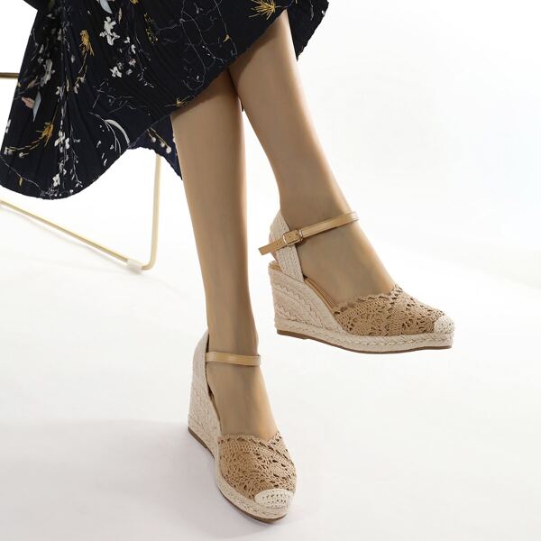 

Ankle Strap Crochet Lace Espadrille Wedges, Khaki