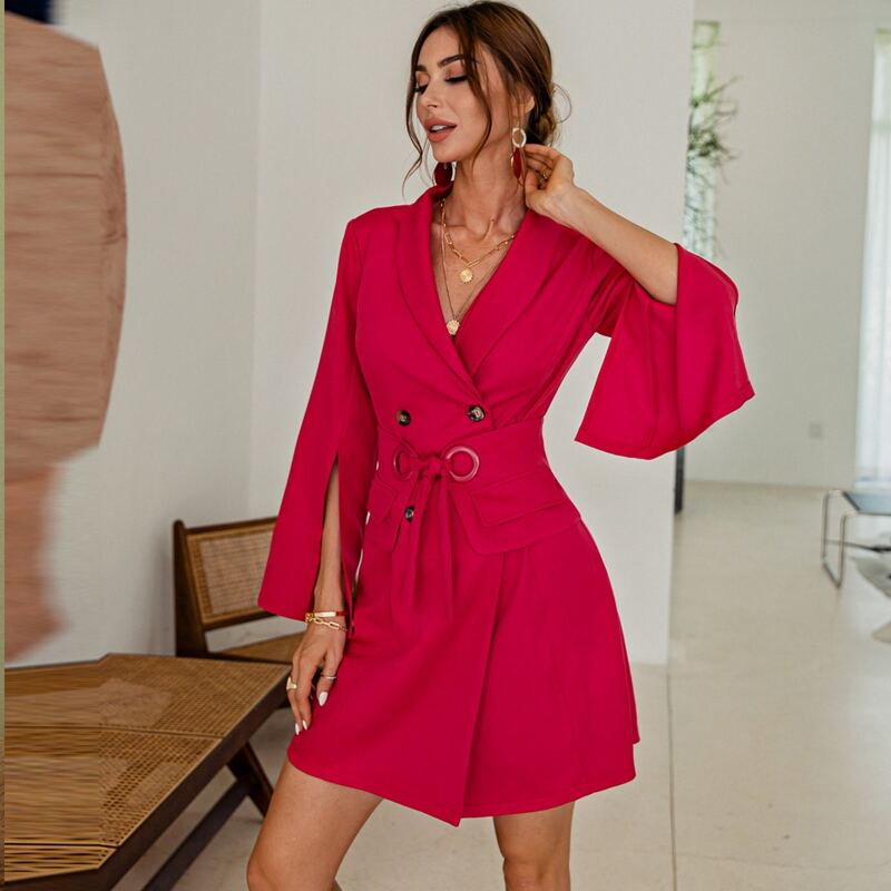 

Double Button Corset Detail Split Sleeve Blazer Dress, Rose red