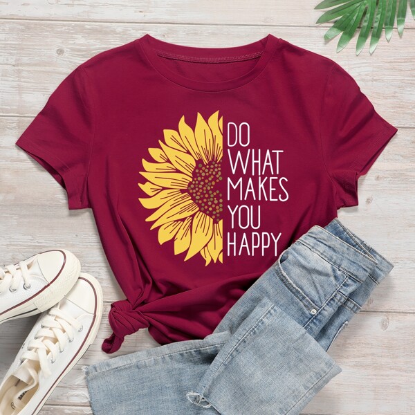 

Slogan And Sunflower Print Tee, Maroon