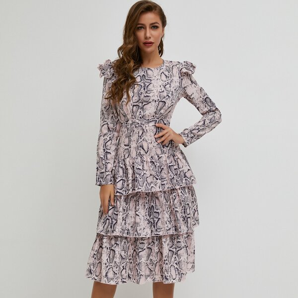 

Snakeskin Print Layered Ruffle Hem Dress, Multicolor