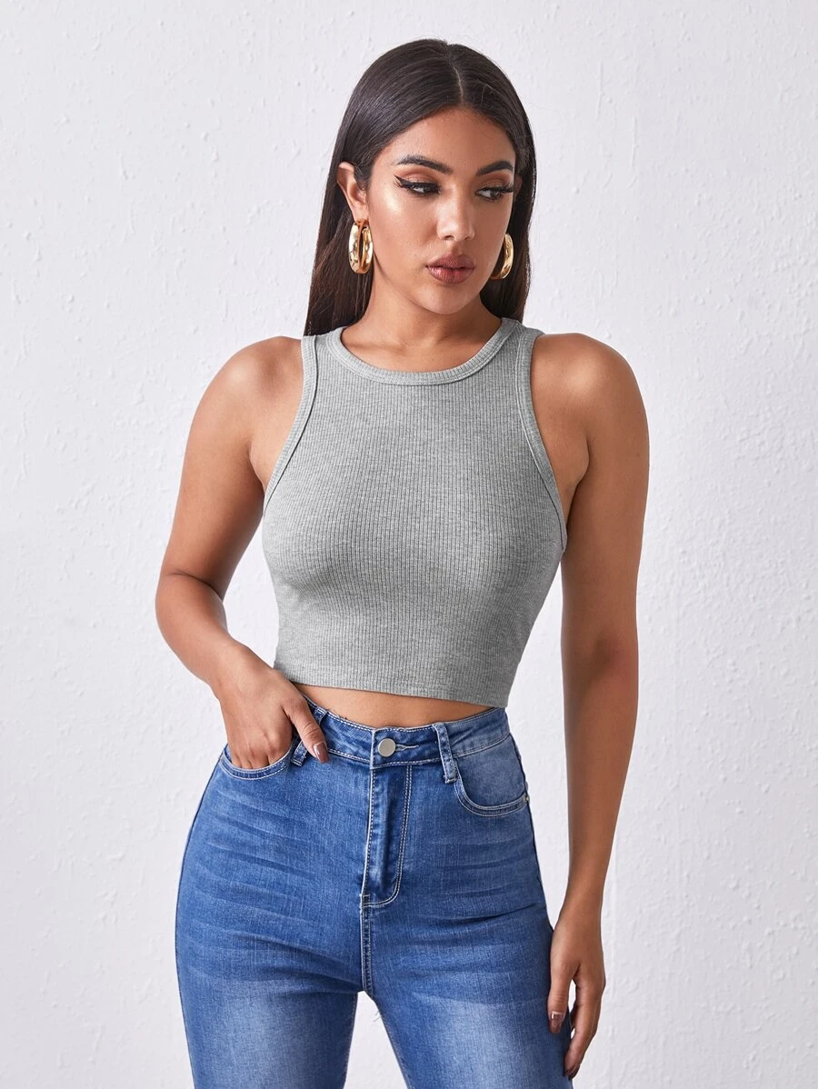 BizChic Ribbed Cropped Tank Top - Grey - View 1