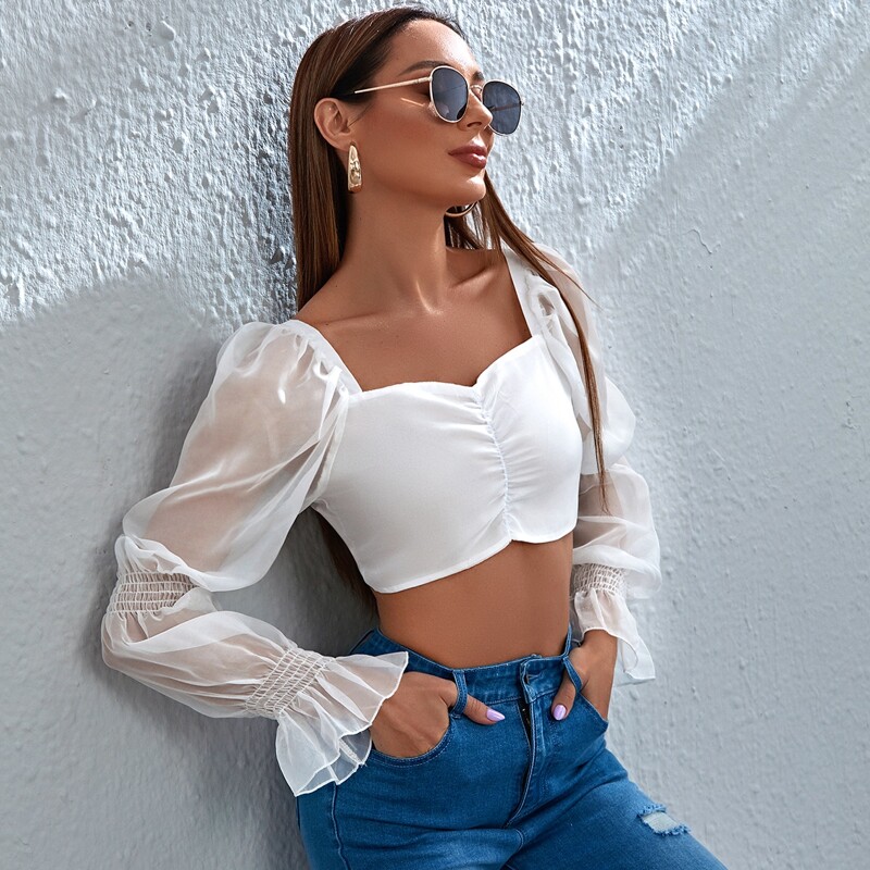 

Shirred Flounce Sleeve Crop Top, White