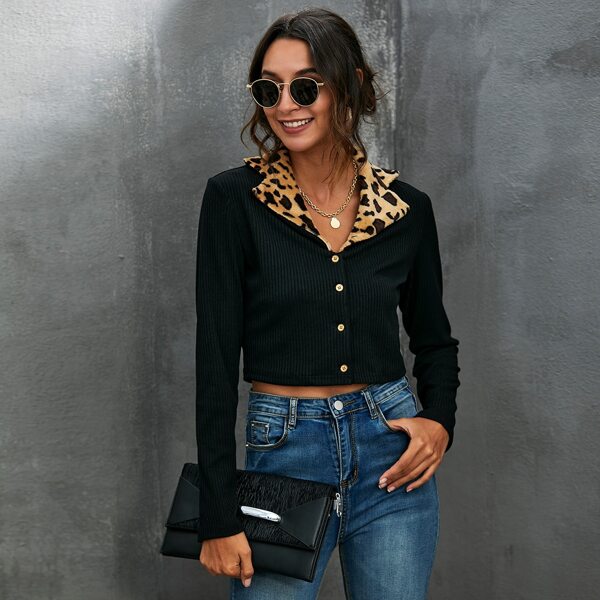 

Leopard Print Button Front Rib-knit Crop Top, Black