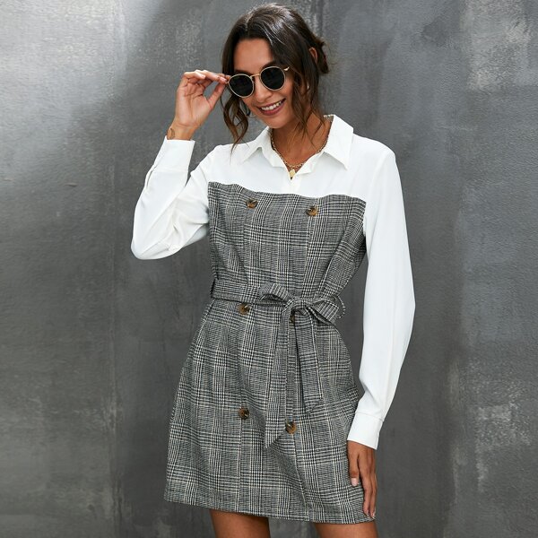 

Contrast Houndstooth Double Button Belted Dress, Black and white