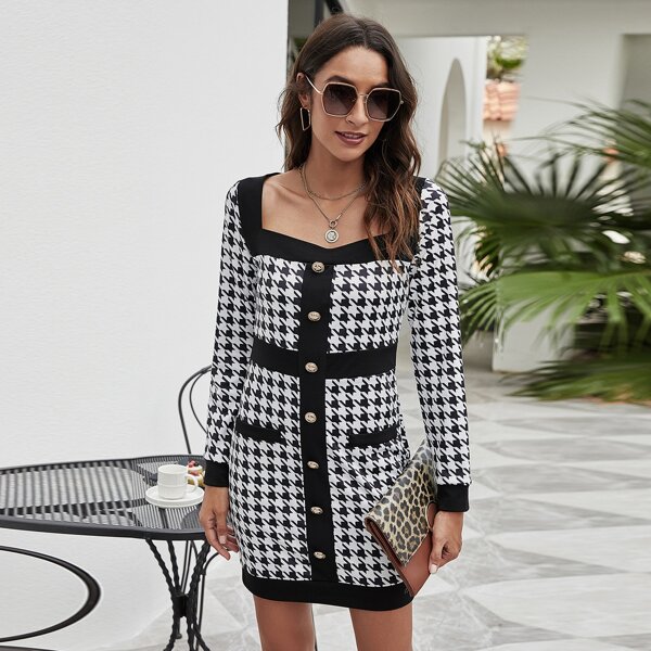 

Sweetheart Neck Houndstooth Fitted Dress, Black and white