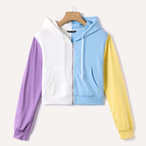 

Color-block Zip Up Crop Drawstring Hoodie, Multicolor