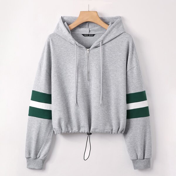 

Striped Panel Half Zipper Drawstring Hoodie, Light grey