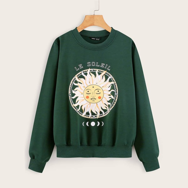 

Abstract Sun And Letter Graphic Sweatshirt, Dark green