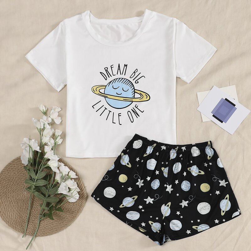 

Cartoon Galaxy And Slogan Graphic PJ Set, Black and white