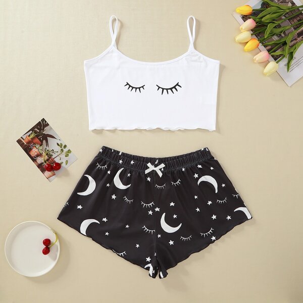 

Eyelashes & Galaxy Print Cami Top With Shorts PJ Set, Black and white