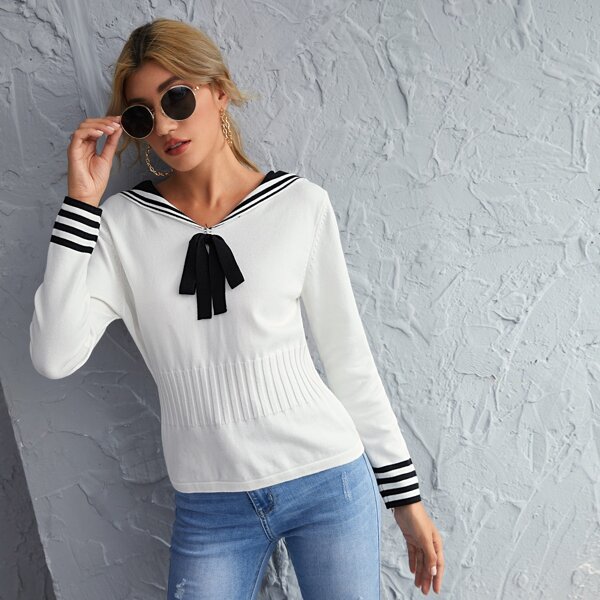 

Sailor Collar Striped Knot Front Sweater, White