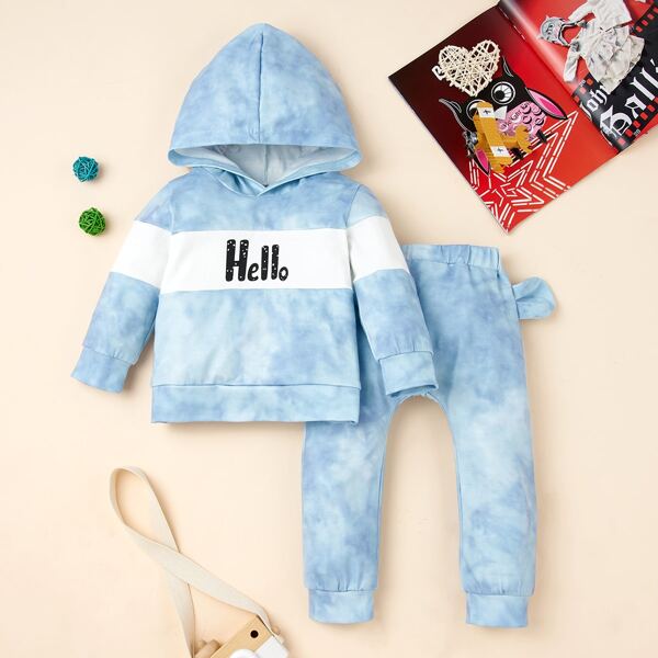 

Baby Boy Tie Dye Hoodie & 3D Ears Design Sweatpants, Blue and white