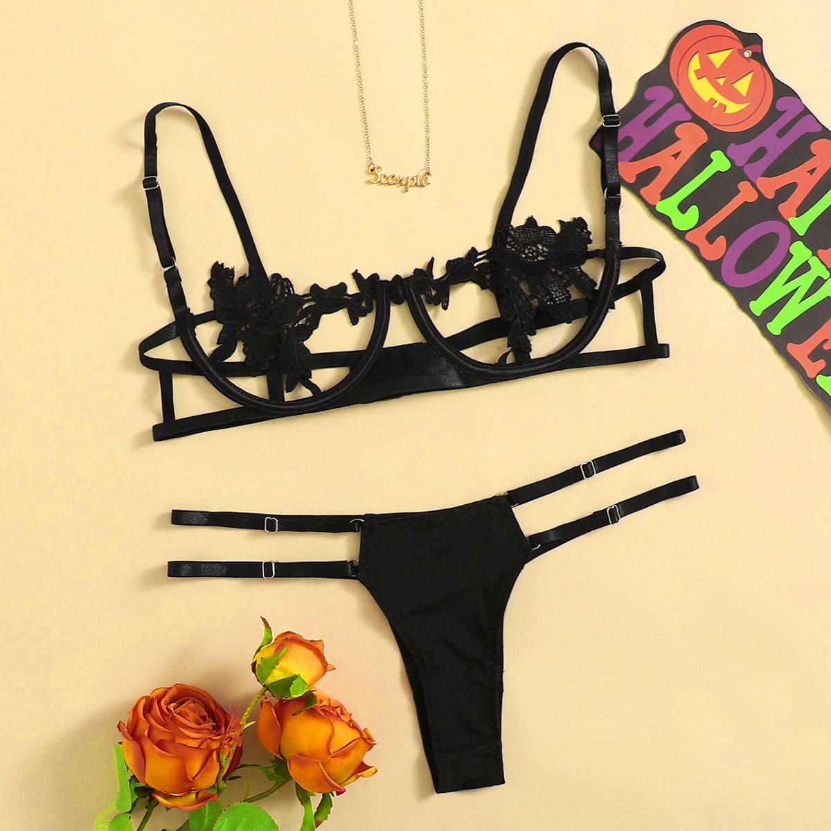 

Lace Insert Cut-out Lingerie Set, Black