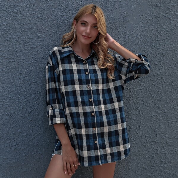 

Button Front Plaid Top, Multicolor