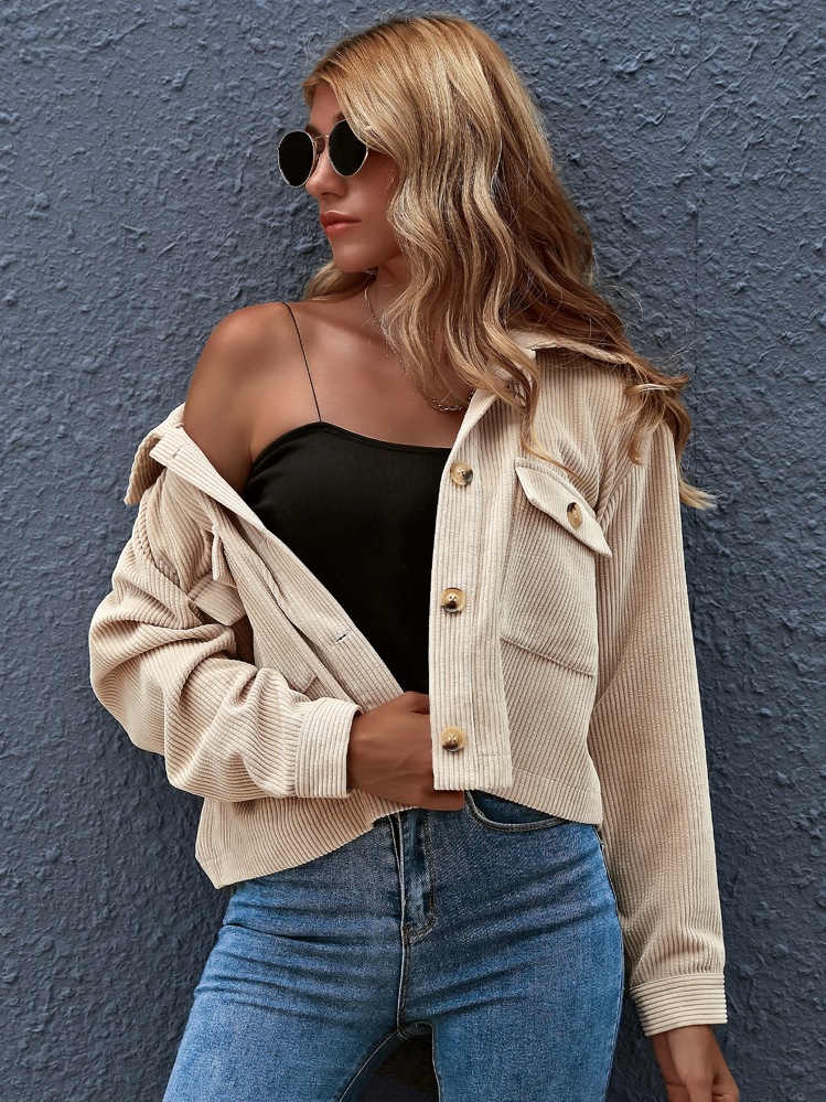 EMERY ROSE 前扣贴袋短款夹克，女士春/秋休闲纽扣、口袋落肩领常规版型杏色纯色女士夹克，休闲日常穿着 - 杏色 - 查看 4