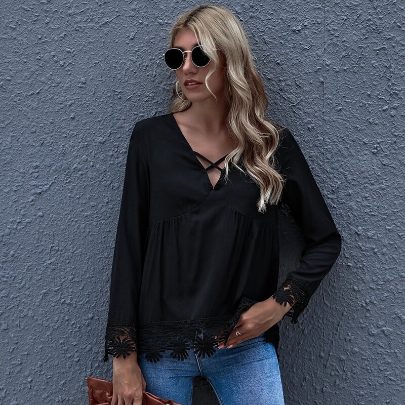 

Crisscross Lace Trim Peplum Top, Black