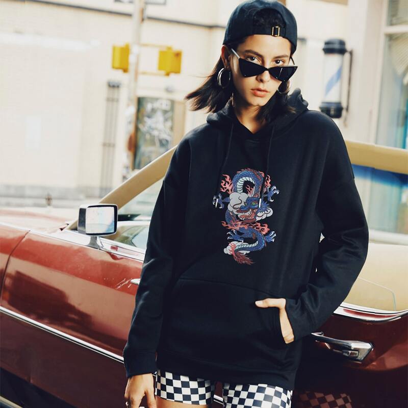 

Chinese Dragon Print Kangaroo Pocket Hoodie, Black