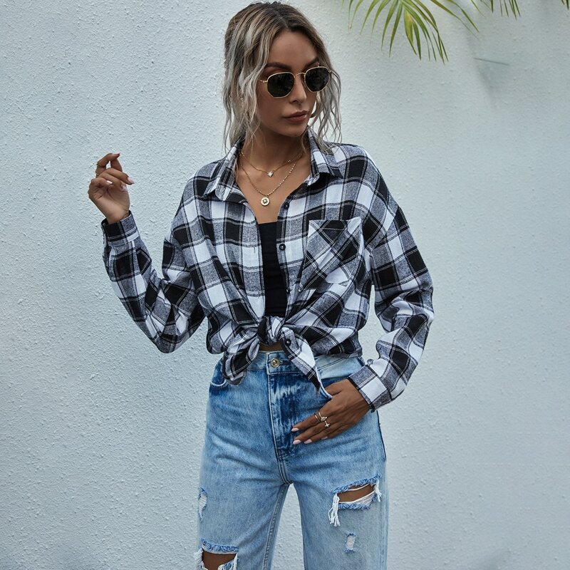 

Buffalo Plaid Pocket Front Oversized Blouse, Black and white