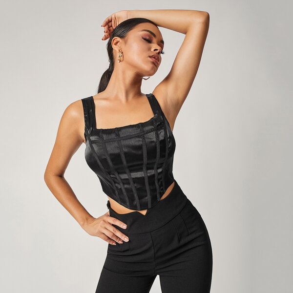 

Binding Trim Exposed Zipper Back Top, Black