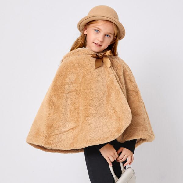 

Girls Bear Ear Bow Front Faux Fur Cape Coat, Camel