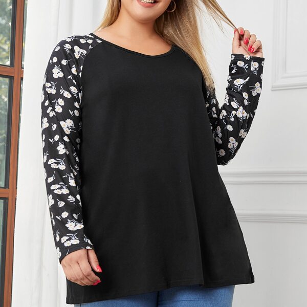 

Plus Contrast Floral Raglan Sleeve Tee, Black