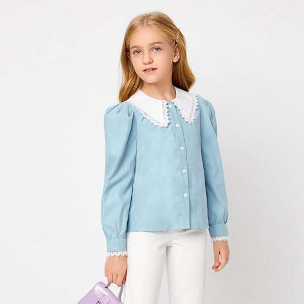 

Girls Guipure Lace Trim Bishop Sleeve Blouse, Dusty blue