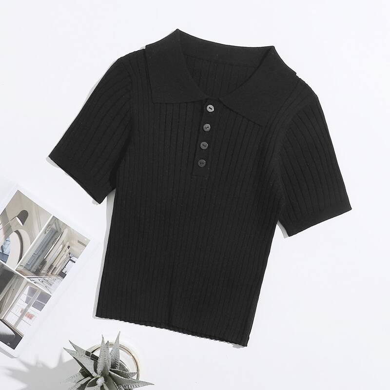

Half Button Rib-knit Crop Top, Black