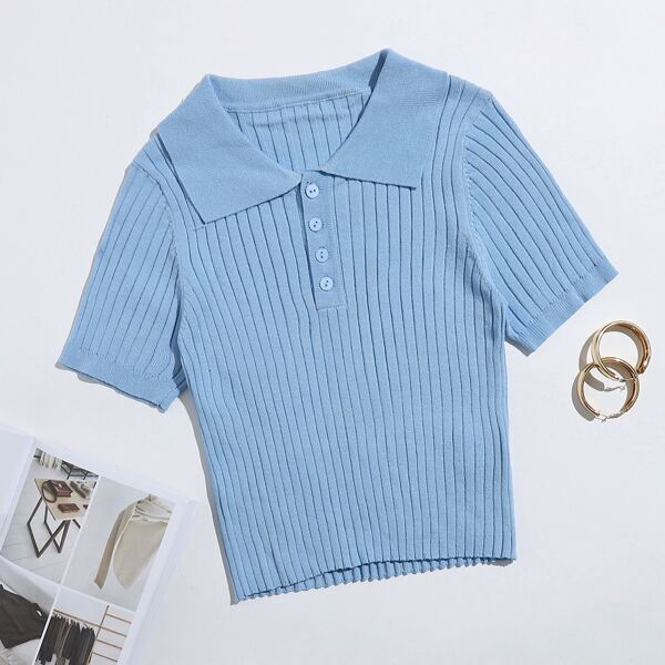 

Half Button Rib-knit Crop Top, Baby blue