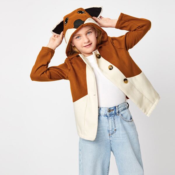 

Girls Color Block Embroidery Ear Hooded Coat, Multicolor