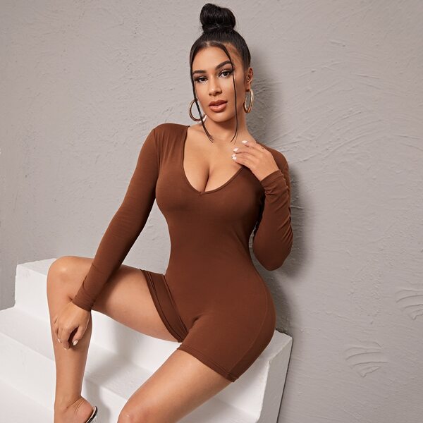 

Solid Deep V Neck Romper, Brown