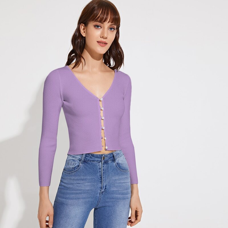 

Pearl Button Rib-knit Cardigan, Pastel lilac purple