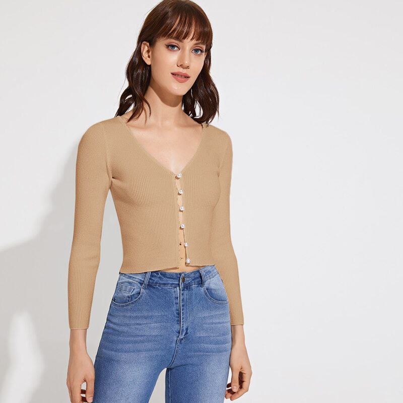 

Pearl Button Rib-knit Cardigan, Khaki pastel