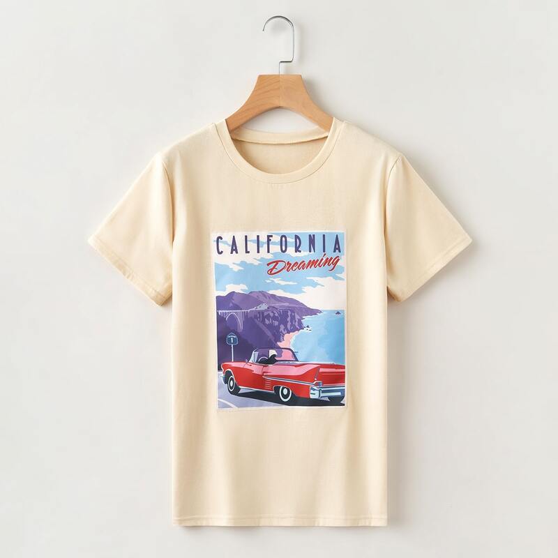Car & Letter Graphic Tee, Apricot