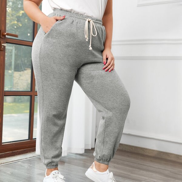 

Plus Slant Pocket Front Drawstring Waist Pants, Grey