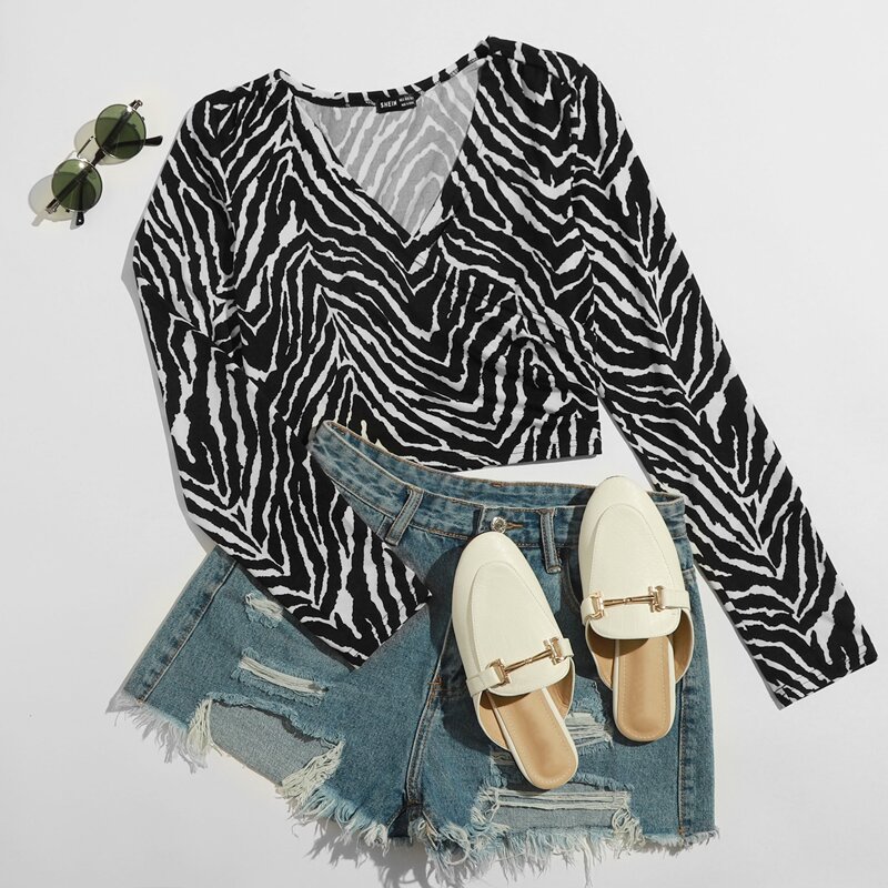 

Zebra Stripe Surplice Crop Tee, Black and white
