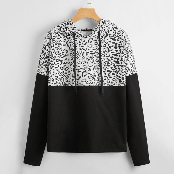 

Contrast Leopard Panel Drawstring Hoodie, Black and white