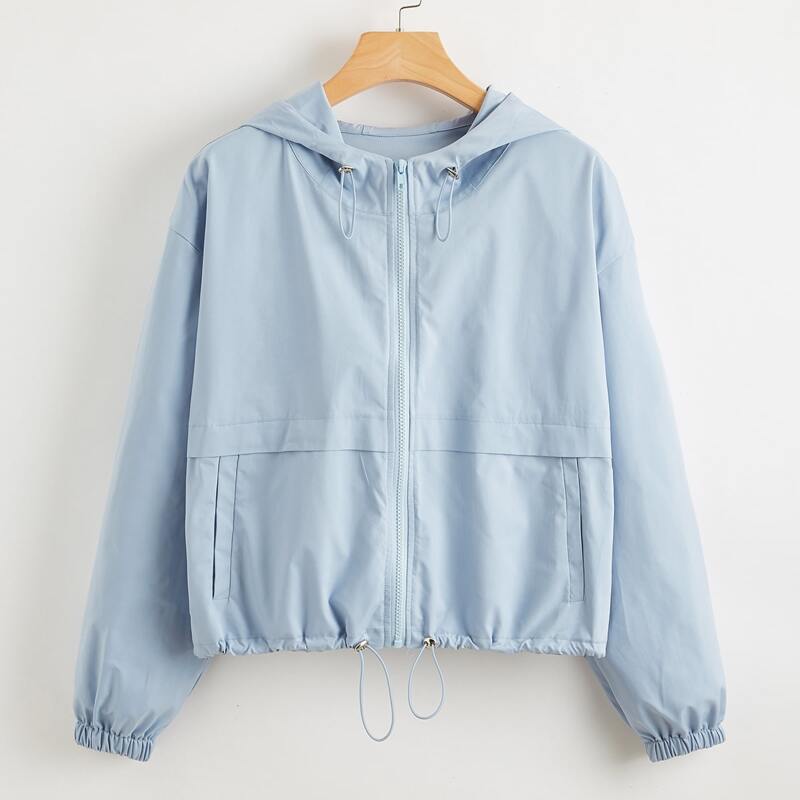 

Drawstring Hem Hooded Windbreaker Jacket, Baby blue