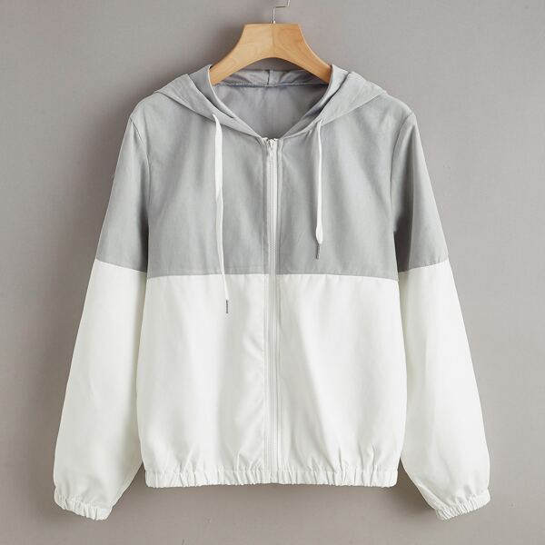 

Two Tone Zip Up Drawstring Hooded Jacket, Multicolor