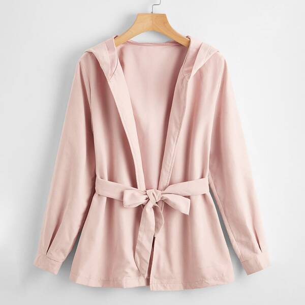 

Solid Self Tie Hooded Open Front Coat, Baby pink