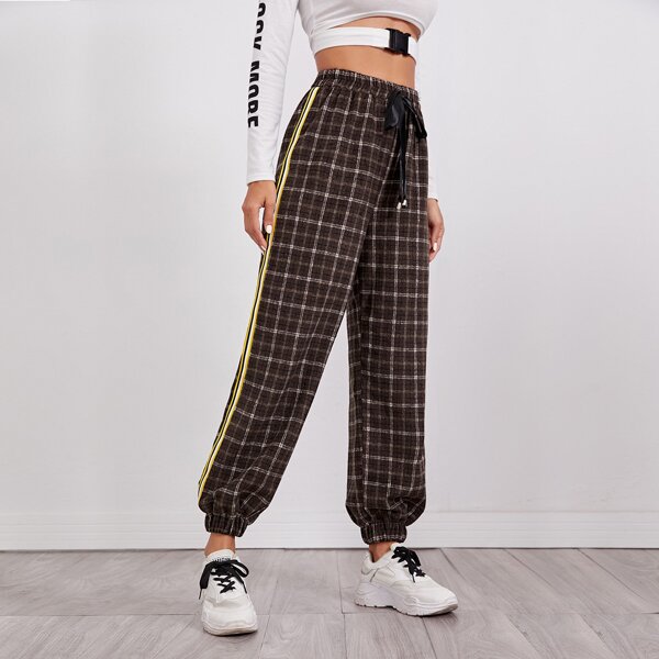 

Plaid Tie Front Side Stripe Wool-mix Pants, Chocolate brown